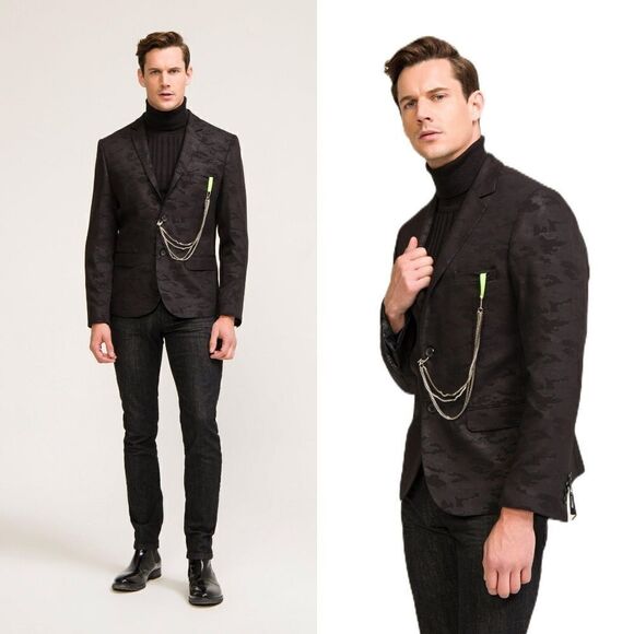 Rnt23 TWO BUTTON MONOCHROMATIC BLAZER - BLACK CAMO - Picture 1 of 14